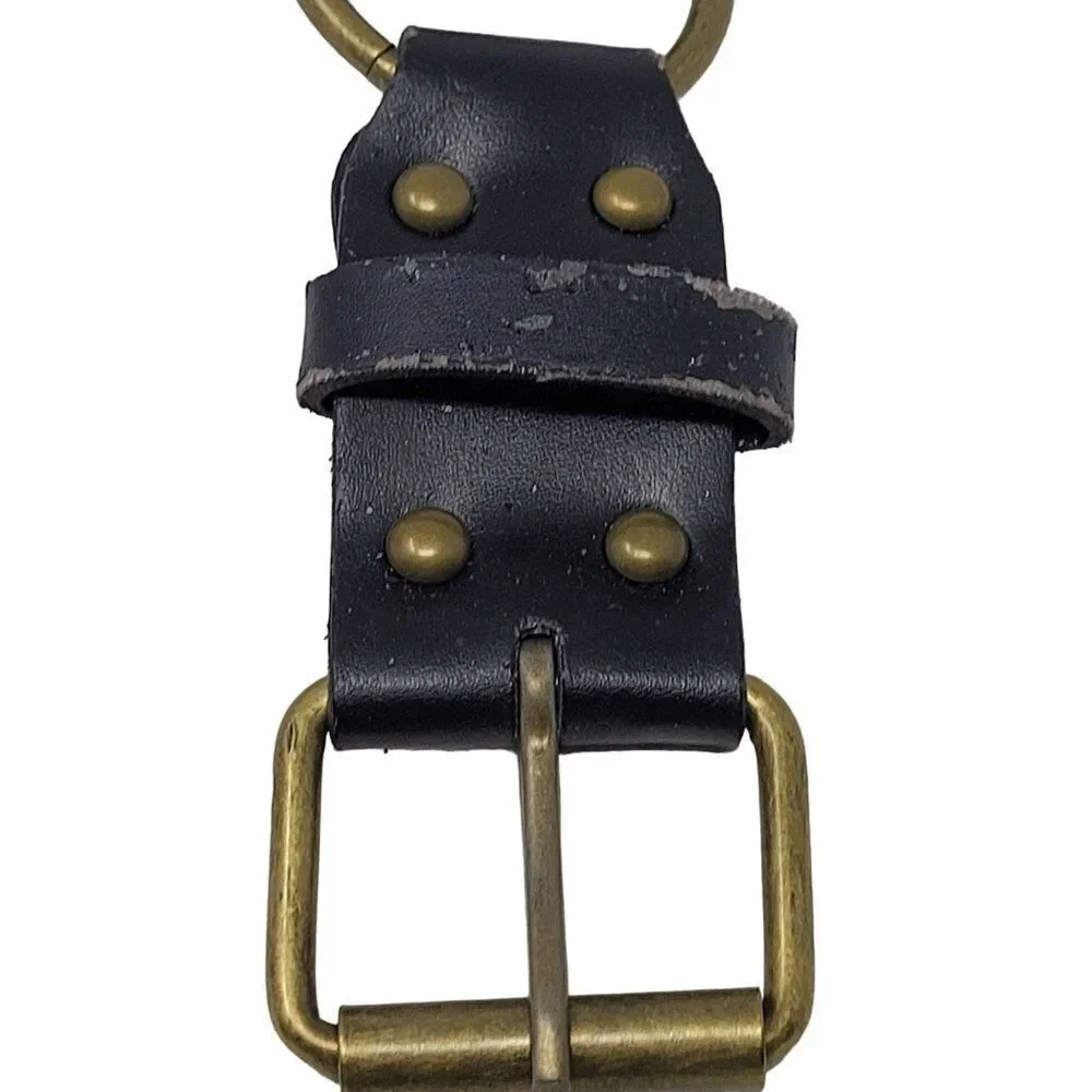 Unisex Vintage-Inspired Black Vegan Leather Belt Brass Concho Studs Chain Hip XL